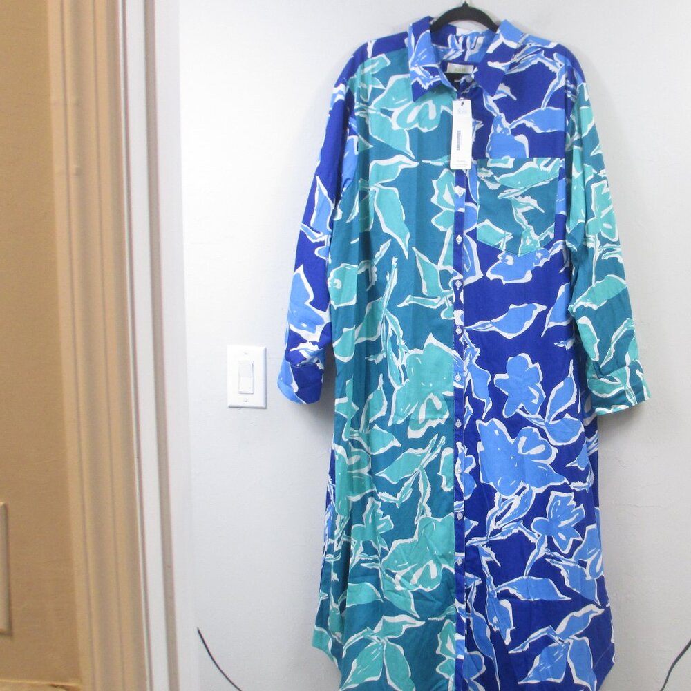 NWT Maeve Soren Long Sleeve Shirt Dress 2X Blue Motif Anthropologie $148
